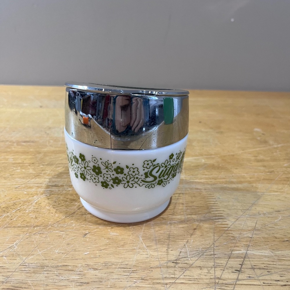 Vtg Milk Glass Sugar Bowl Spring Blossom Green Crazy Daisy Chrome Lid Retro 70s - Picture 2 of 6